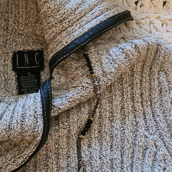 SWEATER GRAY BLACK WITH LEATHER TRIM RIBBED SIZE M - Picture 16 of 16